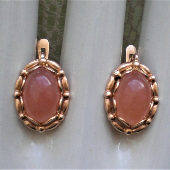 Vintage Russian Soviet USSR 14K 583 Rose Pink Gold Rose Pink Chalcedony Earrings - Picture 3 of 7